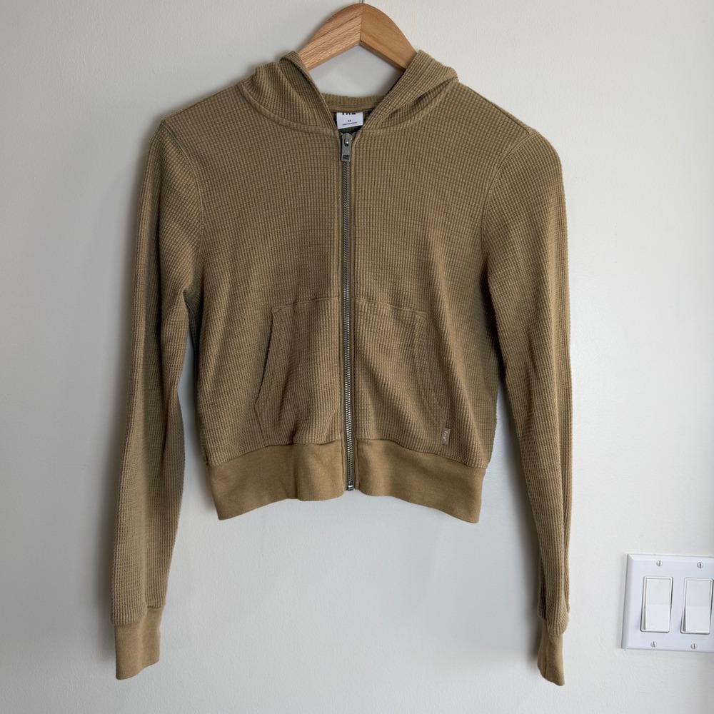Tna Waffle Knit Zip Up Hoodie Tan Brown Womens XS Cropped Sweatshirt